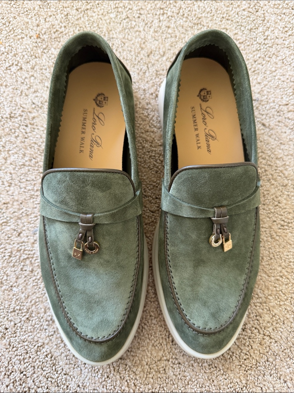 Loro Piana Summer Walk Women’s Green Suede Loafers 37.5